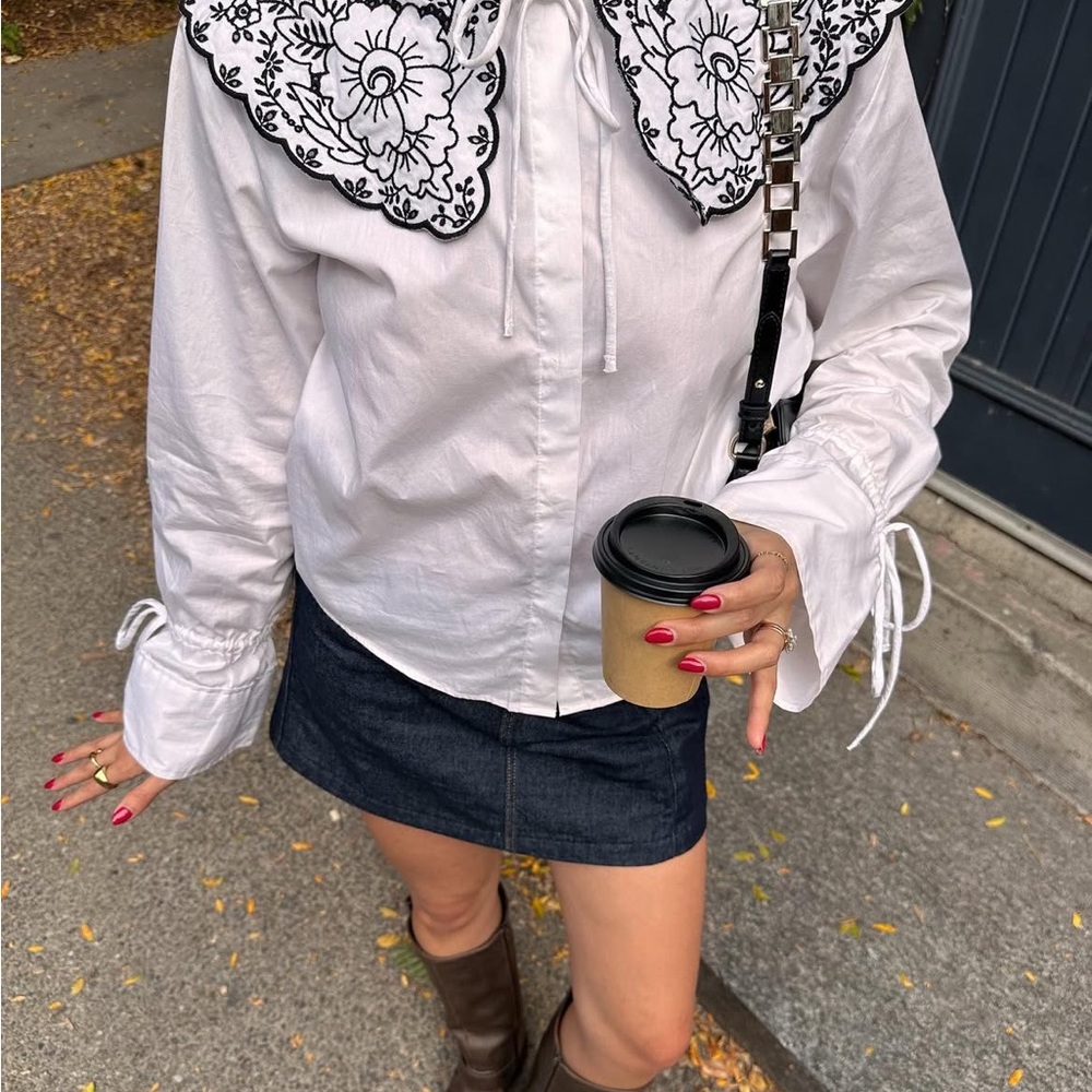 H&M White Top with Black Floral Embroidery